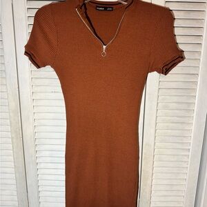 Pull&Bear Rust Brown Ribbed Mini Dress with Zip